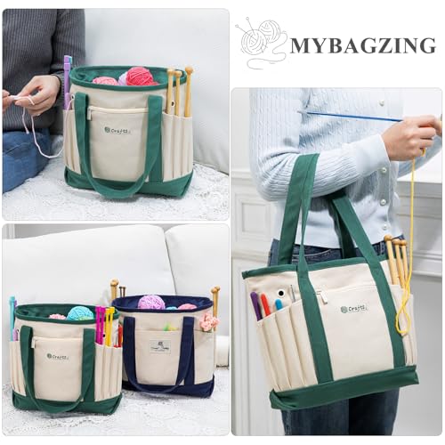 Image of MYBAGZING Canvas Yarn Storage Organizer Bag Washable Crochet Bag with Pockets for Yarn, Hooks, Needles - Travel Knitting Tote for Crafters - Gift for Crocheters & Knitters (Medium /Large)