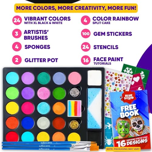 28 Color Face Painting Kit for Kids - Blue Squid Face Paint Kit Palette with 160pc accessories Stencils, Water Activated Non Toxic Washable Professional Facepaint body set Halloween Party Makeup