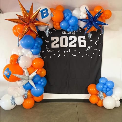Image of Blue and Orange Balloon Arch Garland Kit, 121PCS Dark Royal Blue and Orange White Balloons with Spikes Balloon for College High School Class of 2026 Graduation Birthday Basketball Party Decorations