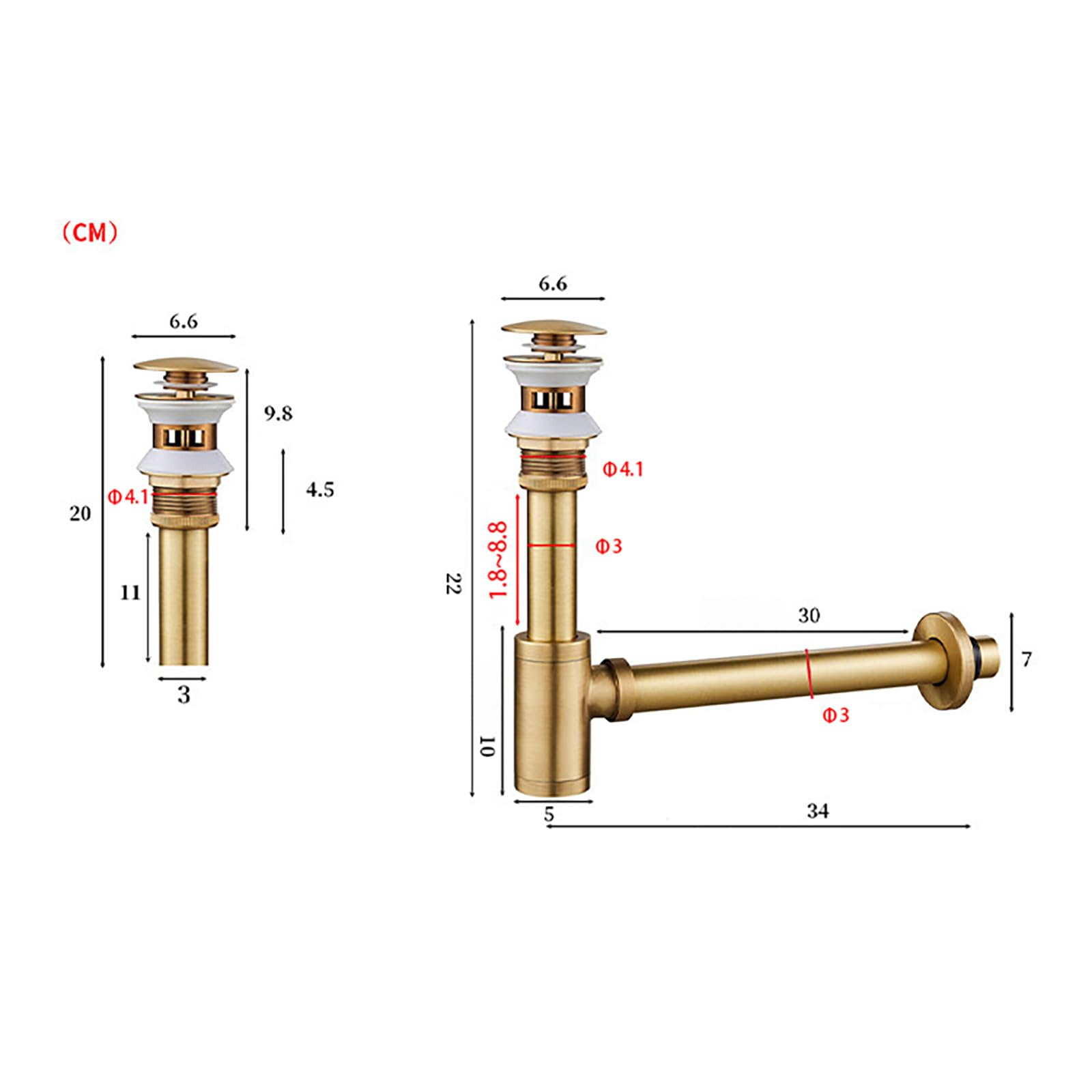 Siphon Waschbecken mit Überlauf,Pop-Up-Ablaufventil,Geruchsverschluss,Waschbecken Ablaufgarnitur Siphon Spüle Gebürstetes Gold