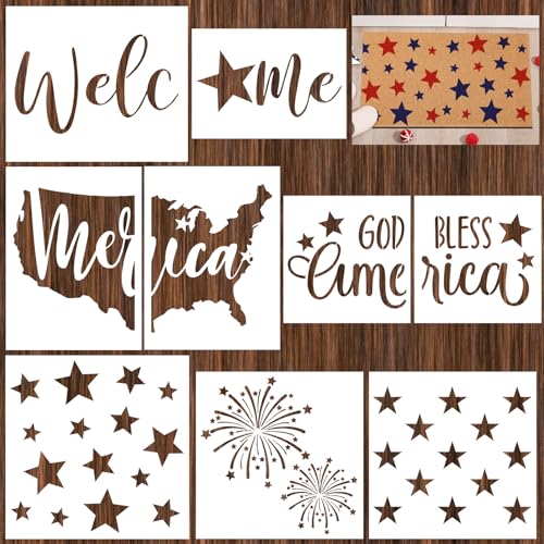 Frienda 9 Pcs 4th of July Stencils for Door Mats Reusable Welcome Templates Large Stencils for Drawing DIY Painting on Wood Floor Doormat Crafts (Various Sizes)