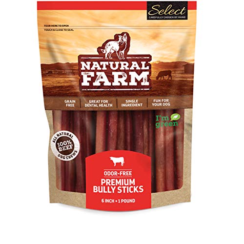Natural Farm Select Bully Sticks - Odor Free, 6-Inch Long, Packaged by Weight (1-Pound), Hand Selected 100% Beef Dog Treats, Fully Digestible, High Protein, Low Fat Dental Chews to Keep Your Dog Busy