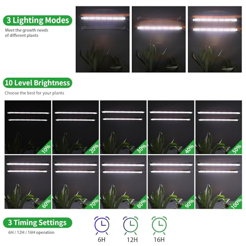 Image of 16'' LED Grow Light Strips for Indoor Plants, Full Spectrum 120 LEDs with 4 Install Methods, 6 /12 /16H Timer, 10 Dimmable Levels, 3 Switch Modes for Seedling Succulent Sunlike Strip (2 Head 1 Pack)