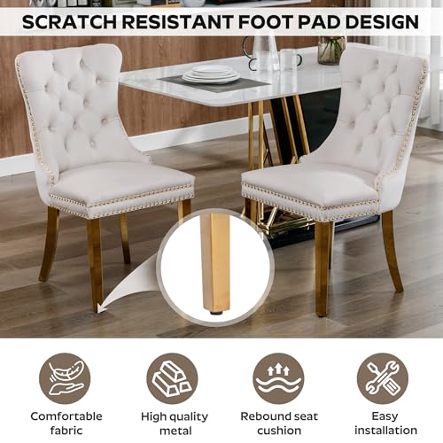 Image of 5-Piece Dining Table Set with 47In Faux Marble Table and 4 Velvet Upholstered Chairs, Modern Scandinavian Furniture for Dining Room Kitchen(Beige&Gold)