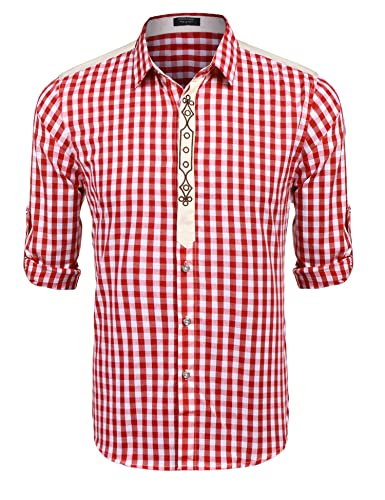 COOFANDY Herren Hemd Kariertes Trachtenhemd Regular fit Oktoberfest Bayrisches Hemd Männer Winerot 2XL