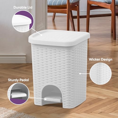 Image of Superio 2-Pack Mini 6L Step Pedal Trash Can - Wicker Design, Hidden Mechanism, Durable Plastic, Ideal for Desktop, Countertop, Pet Waste /Dog Poop- White