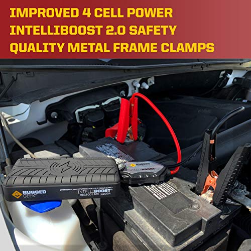 RUGGED GEEK RG1200 Safety Plus 1200A Portable Car Jump Starter with Wireless Charging, Type-C Ports and 12V Air Compressor/Pump. LED Display, INTELLIBOOST 2.0 Safety Cables, LED Flashlight, USB Ports.
