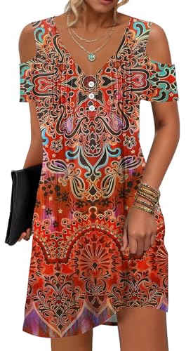 SAUKOLE Women's Summer Floral Cold Shoulder V-Neck Boho Dress - X-Large, Above Knee, RedBrown