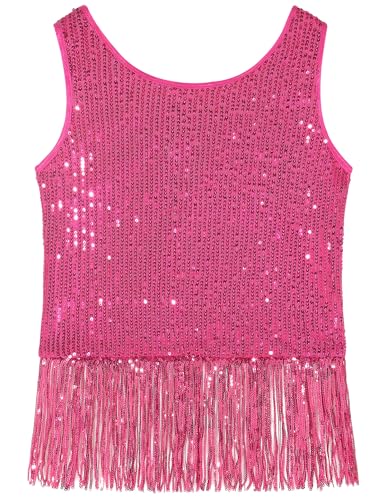 Noomelfish Girls Sequin Fringe Crop Tops Tassel Sparkly Glitter Dance Sleeveless Tank Shirt Hot Pink Size 5-6 Years