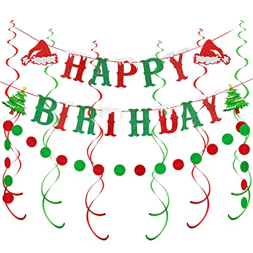 Rot & Grün Glitzer Weihnachten Happy Birthday Banner, Happy Birthday Frohe Weihnachten, Frohe Geburtstag Dekorationen, Weihnachten Geburtstag Dekorationen für Home Office Kamin Kaminmantel Cover