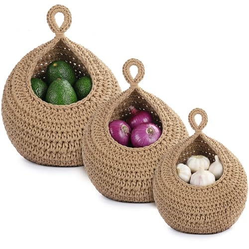 Image of Hanging Storage Baskets Boho Decor Set of 3, Handmade Cotton Rope Wall-Mounted Fruit & Vegetable Baskets, Decorative Hanging Organizers for Kitchen, Entryway, Bathroom & Bedroom