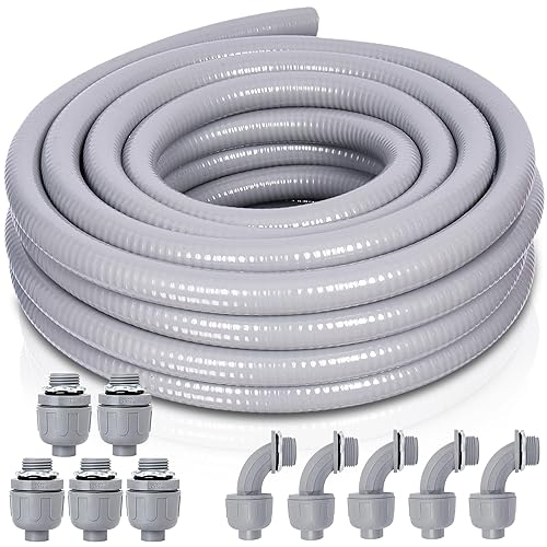Feotech Liquid-Tight Conduit and Connector Kit - 3/4 Inch 25 FT Non Metallic Liquid Tight Electrical Conduit with 5 Straight and 5 Angle Fittings