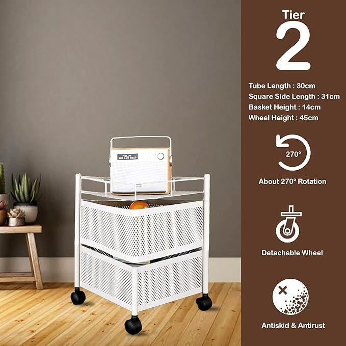 Image of KITCHIVO Kitchen Storage Rack | Revolving Vegetable Rack | Square Multipurpose Storage Trolley with Wheels | Metal Fruit Rack (White, 2 Layer)