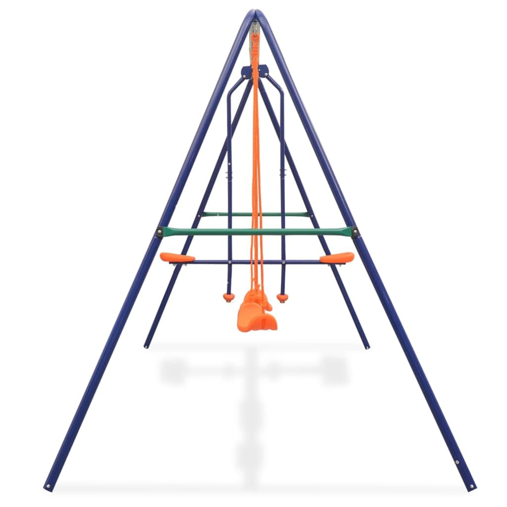Set di altalena da giardino per bambini, 4 posti, struttura in metallo resistente alle intemperie, con tandem e sedili singoli, robusta struttura da arrampicata, casetta da gioco, scivolo