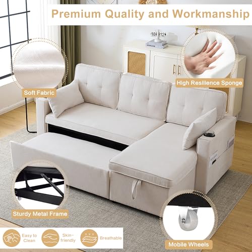 Huayz 3-in-1 Convertible Corner Sofa Bed with Storage, L Shape Sofa Bed with Internal Storage Chaise, Pull Out Sofa Bed with Cup Holders, Pillows and Pocket for Living Room & Office - Image 7