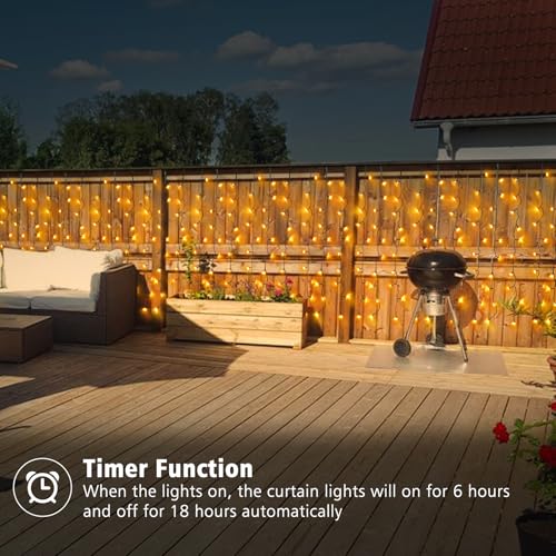 CCILAND LED Christmas Curtain Lights Plug in, 6Mx1M 300 LED Curtain String Lights with 8 Modes Outdoor Curtain Lights IP54 Waterproof for Fence Patio Wedding Party Garden Decoration (Warm White) - Image 5