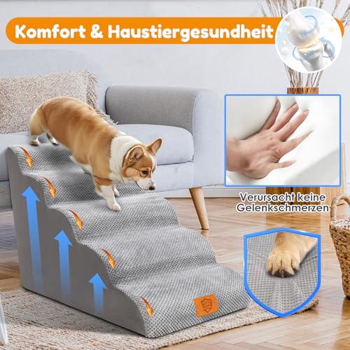 Zvonema Hundetreppe, Hundetreppe für Kleine Hunde, rutschfest Hunde Treppe 5 Stufen, Haustiertreppe mit hochdichtem Schaumstoff, waschbarer Hunderampe, Katzentreppe reduziert Stress auf Tiergelenke