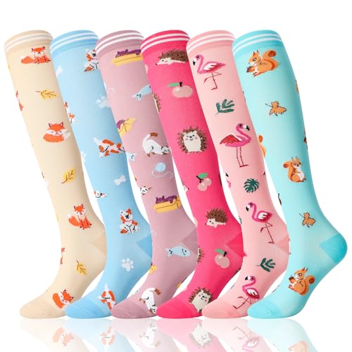 scenicamp 6 Pairs Compression Socks for Women Knee High Comfort Circulation Support Socks for Athletic Running Cycling Animals S-M