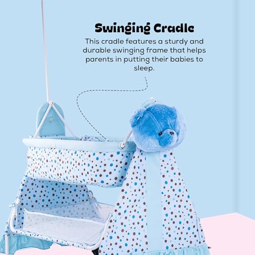 Image of BAYBEE CozyNest Baby Cradle and Swing Jhula for Newborn Babies with Removable Mosquito Net, Washable Fabric, Lockable Wheels & Safe Sleeping Bed Crib for Infants Up to 2 Years (Blue)