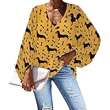 ZOUTAIRONG Women Blouse Elegant V Neck Chiffon Tops Long Sleeve Shirts Dachshund Print M Size