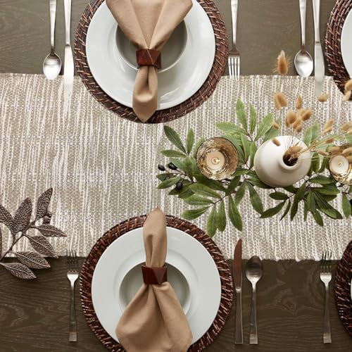 Image of Luxe Home Elegant Beige and White Woven Table Runner with Tassels - Mix Cotton Jute 13 x 74 Inch, Textured - Perfect for Dining Table, Center Table, Decor