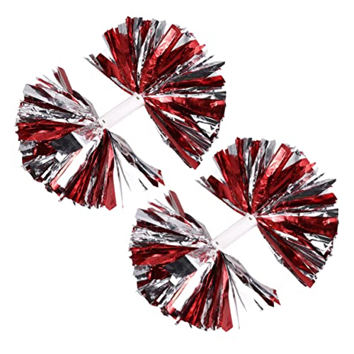 BRIGHTFUFU 2pcs Colorful Reusable Cheerleader Pom Poms with Handle for Performance Competition and Sports Events Eye Catching Red and Silver Cheer Props