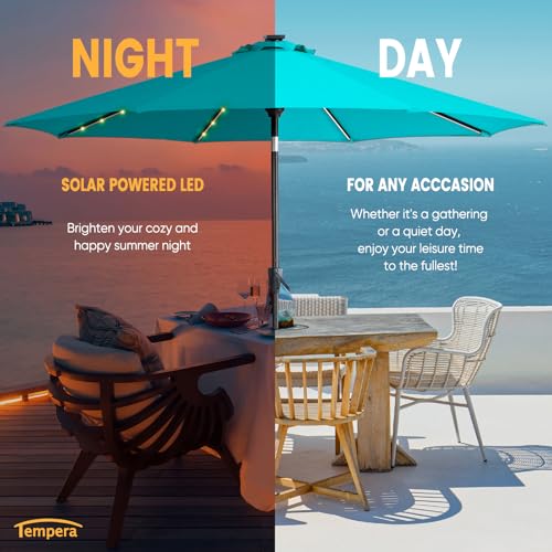 Image of Tempera Patio LED Umbrella with Light | Solar Outdoor Umbrella | Market Table Parasol with Push Button Tilt and Crank, with Sturdy Pole & Fade Resistant Canopy, Easy to Set