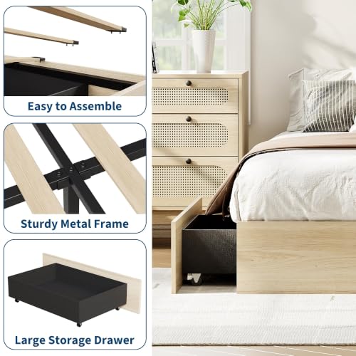 Image of GarveeHome Wood Platform Bed Frame, Queen Bed Frame with 2 Drawers | Floor Bed Frame, Low Profile Design, Wood Slat Support, No Box Spring Needed, Easy Assembly
