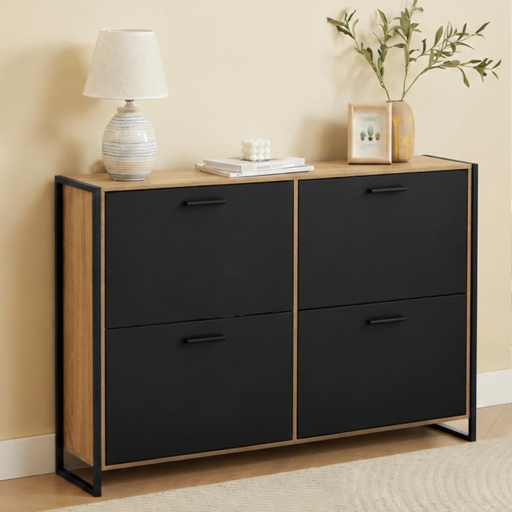 CASABEL Meuble de Rangement à Chaussure Industriel 24 Paires - Double Compartiment - Armoire Etagere Grande Capacité pour Entrée, Couloir - L114xP24xH83 cm - Portes Noires Cadre Bois Clair
