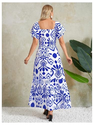 MakeMeChic Women's Floral Print Layered Short Sleeve Square Neck Ruffle High Waist A Line Summer Long Dress2