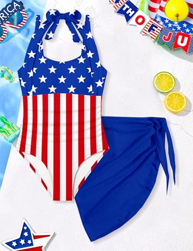 Image of Girls Swimsuit Set - Halter Neck One Piece Bathing Suit with Tropical Cover Up Skirt Swimwear for Kids 7-18Y