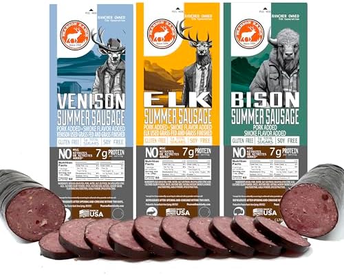 Pearson Ranch Exotic Game Meat Summer Sausage Gift Set of 3 – Elk, Bison, Venison – High Protein Keto Friendly Snacks & Charcuterie Meat – Gluten-Free, Nitrate-Free, No MSG