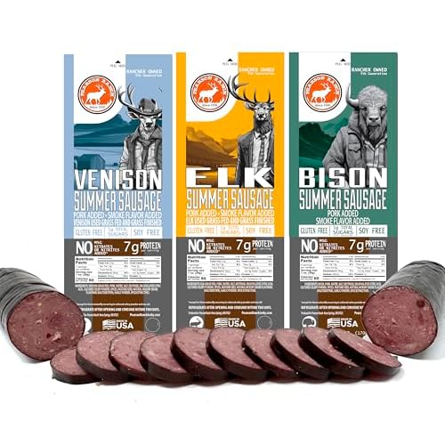 Pearson Ranch Exotic Game Meat Summer Sausage Gift Set of 3 – Elk, Bison, Venison – High Protein Keto Friendly Snacks & Charcuterie Meat – Gluten-Free, Nitrate-Free, No MSG