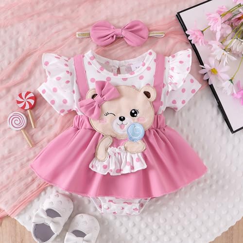 Baby Girl Summer Outfits Bear Short Sleeve One-Piece Jumpsuit With Headband Set Newborn Infant Girl Clothes2