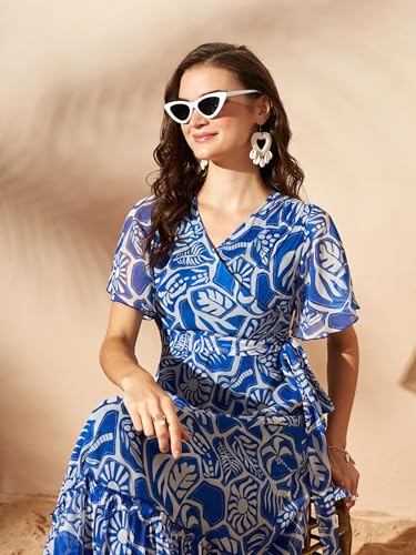 Image of Miss Chase Women's Floral V-Neck Flutter Sleeve Wrap Chiffon Maxi Dress