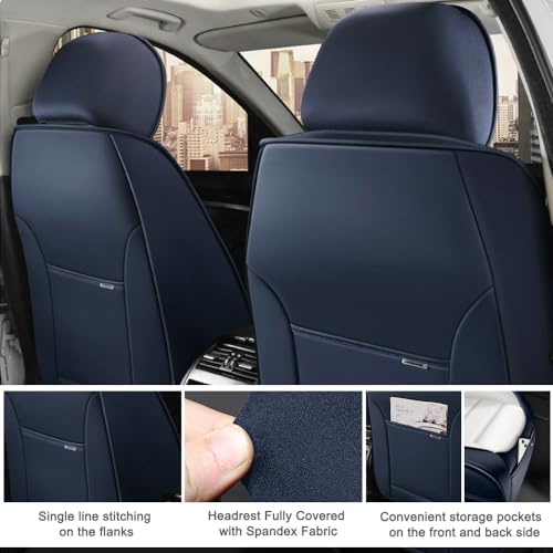 Image of 2 Seat Covers for Hyundai Santa Fe XL 2001-2024,Premium Nappa Leather Car Seat Covers Car Seat Cushions,Waterproof Soft Seat Covers for Cars,Interior Accessories with Airbag(Luxury-Blue&White)