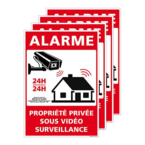 Signalétique.biz France - Lot de 4 panneau Alarme Vidéo Surveillance 24h/24-75 x 105 mm - Autocollant - Adhésif