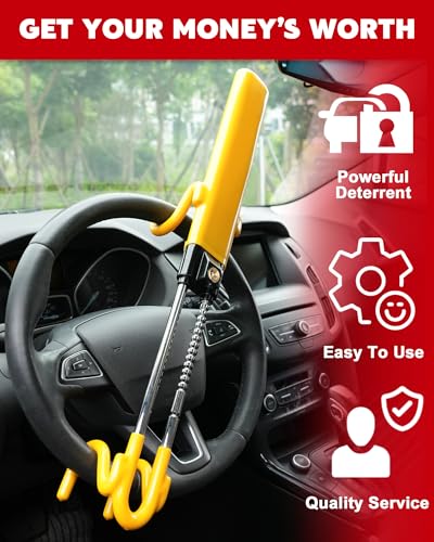 Image of Tevlaphee Steering Wheel Lock - Heavy Duty Antitheft Device and Car Security Lock with Adjustable Locking and 3 Keys - Great Vehicle and Truck Deterrent (Yellow)