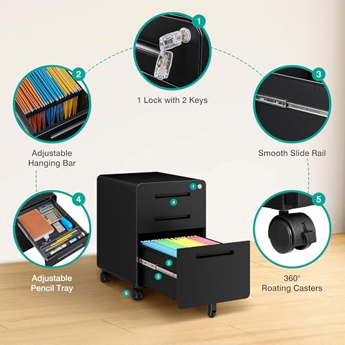 Image of SISESOL 3 Drawer File Cabinet with Lock,Rolling File Cabinets,Under Desk File Cabinet,Three Drawer Filing Cabinet for Home Office with Wheels,Fit A4 /Letter /Legal File,Fully Assembled Except Casters