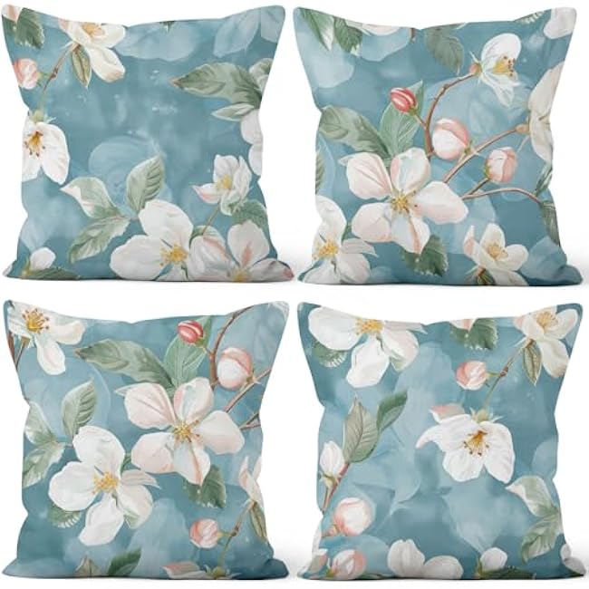 4 Pcs/Set Rose Flowers Pillow Covers Summer Floral Green Leaves Pink Flowering Shrub Natural Scenery Watercolor Romantic Linen Cushion Case for Outdoor Couch Sofa Bedroom, 16x16