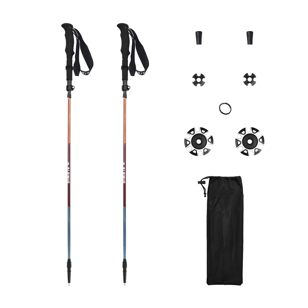 Alpinus - Kijki turystyczne składane Aosta NX11311, Kijki spacerowe teleskopowe, Kijki z regulacją wysokości 110–130 cm, Kijki trekkingowe z zestawem akcesoriów w komplecie, Kij turystyczny