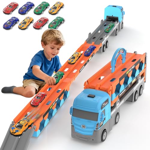Transport Truck Car Toys for 2-8 Years Old Boys Girls, Carrier Truck Race Track Toys, Foldable Transport Car Toys with 2 Foldable Race Tracks 24 race Cars, Birthday Gifts for Toddler Boys Girls