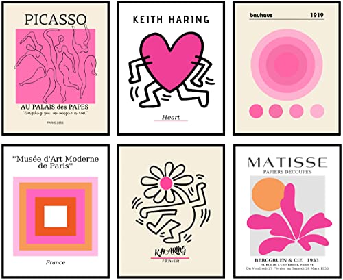 Matisse Keith Haring Bauhaus Picasso Gallery Wall Art - 8X10 Inches Unframed Set Of 6 Posters For Room Aesthetic - Pink Preppy Room Decor - Danish Pastel Room Decor - Modern Cute Gallery Wall Decor Living Room (P3) #TOP2