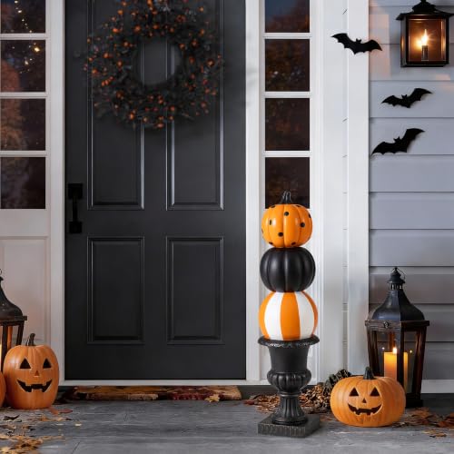 Glitzhome 27H Halloween Stacked Pumpkin Porch Decor MGO Pumpkin Statue with Black Urn Halloween Decorations for Indoor Outdoor Front Door Party Yard