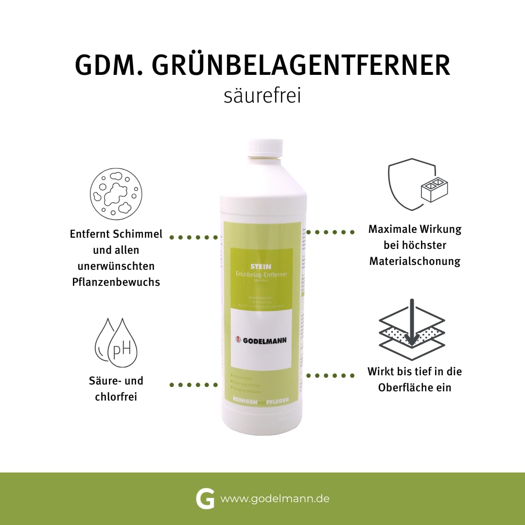 Steinreiniger außen | Grünbelag-Entferner | Entfernt Moos, Algen & Schimmel von Pflastersteinen, Terrassen & Mauersteinen | säure- und chlorfrei 1,0 l