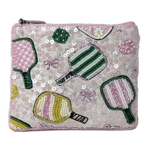 BTC Dazzling Pickleball Chic Beaded & Sequined Zip Card Case Essential Pouch Coin Purse Pink Multi