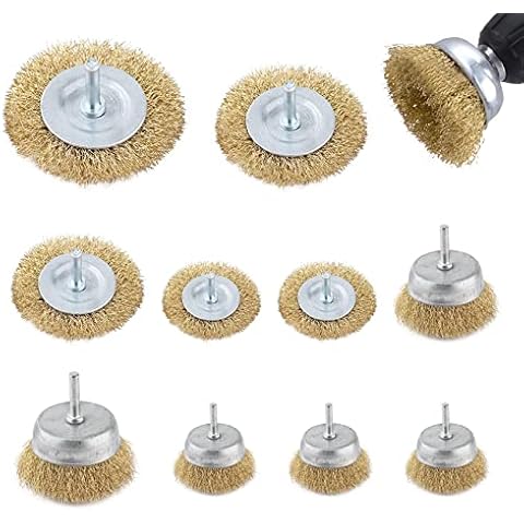 10 Pcs Wire Brushes For Drill, Kcmell Brass Coated Wire Brush Wheel and Cup Brush Set, 1/4 Inch Shank Arbor & 0.3mm Diameter Steel Wire Wheel for Cleaning Rust, Polishing, Abrasive And Removal Paint Cover