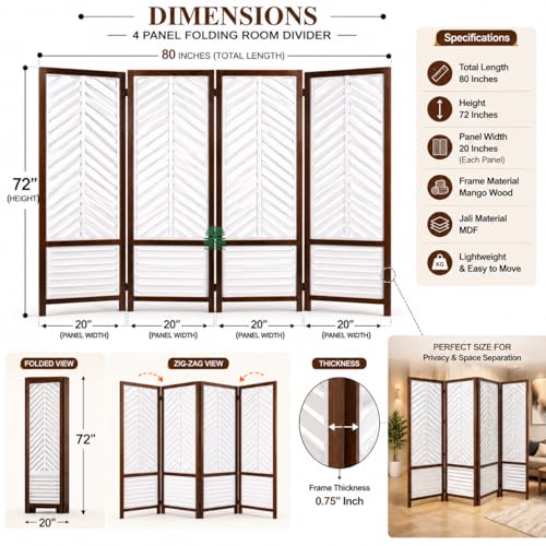 Image of Wooden Room Divider 6 Feet, 4-Panel Folding Wooden Partition for Living Room, Office, Pooja Room, Restaurant, Kitchen & Balcony (2W x 1.82H Meters). (White-Tree Pattern)