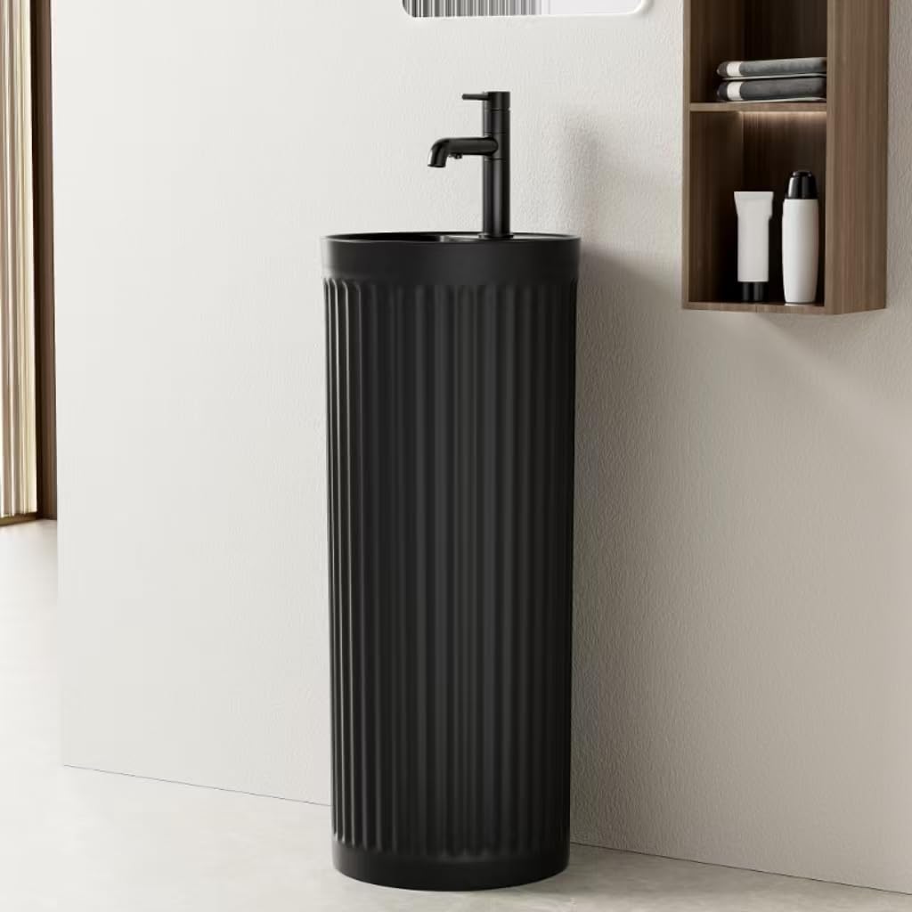 Simple Project One Piece Pedestal Sink 16" L X 16" W Round Pedestal Sinks For Bathrooms, Modern Single Faucet Hole Bathroom Pedestal Sinks With Overflow, Black Stripes