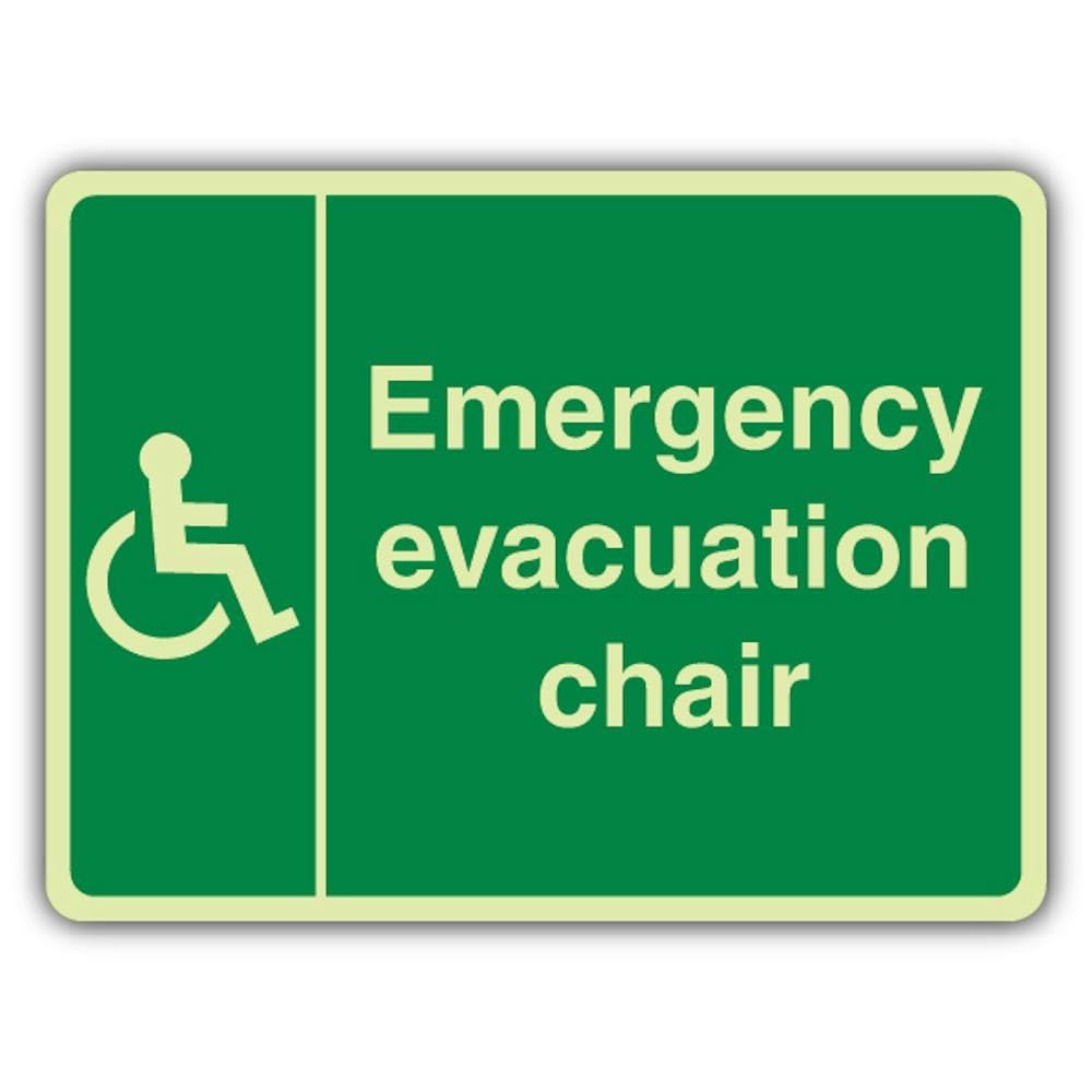 V Safety - Señal de seguridad fotoluminiscente para silla de evacuación de emergencia, grande, 400 x 300 mm, plástico rígido de 1,2 mm, triple brillo
